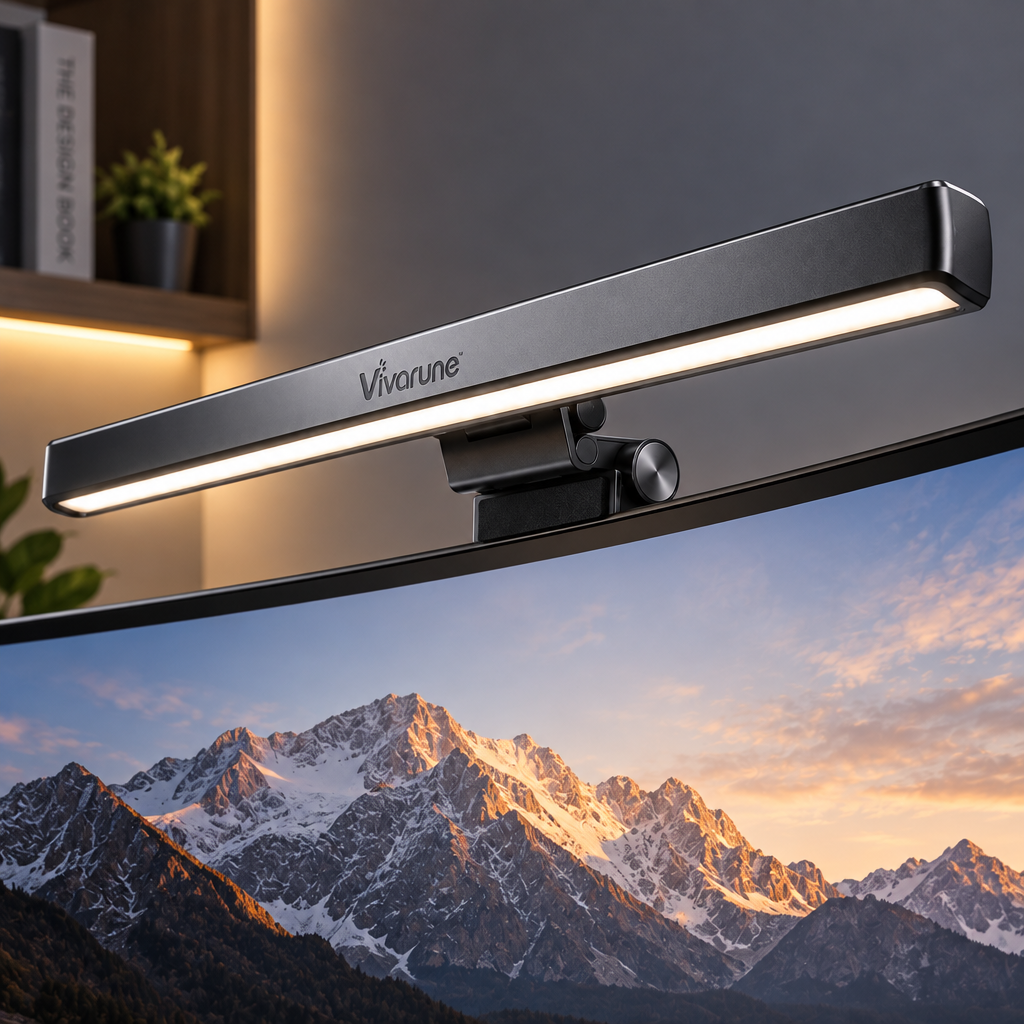 Vivarune™ CurveGlow LED Monitor Light Bar – Curved-Screen Desk Light with 0°–45° Adjustable Angle, Soft Task Illumination & Space-Saving Monitor Mount