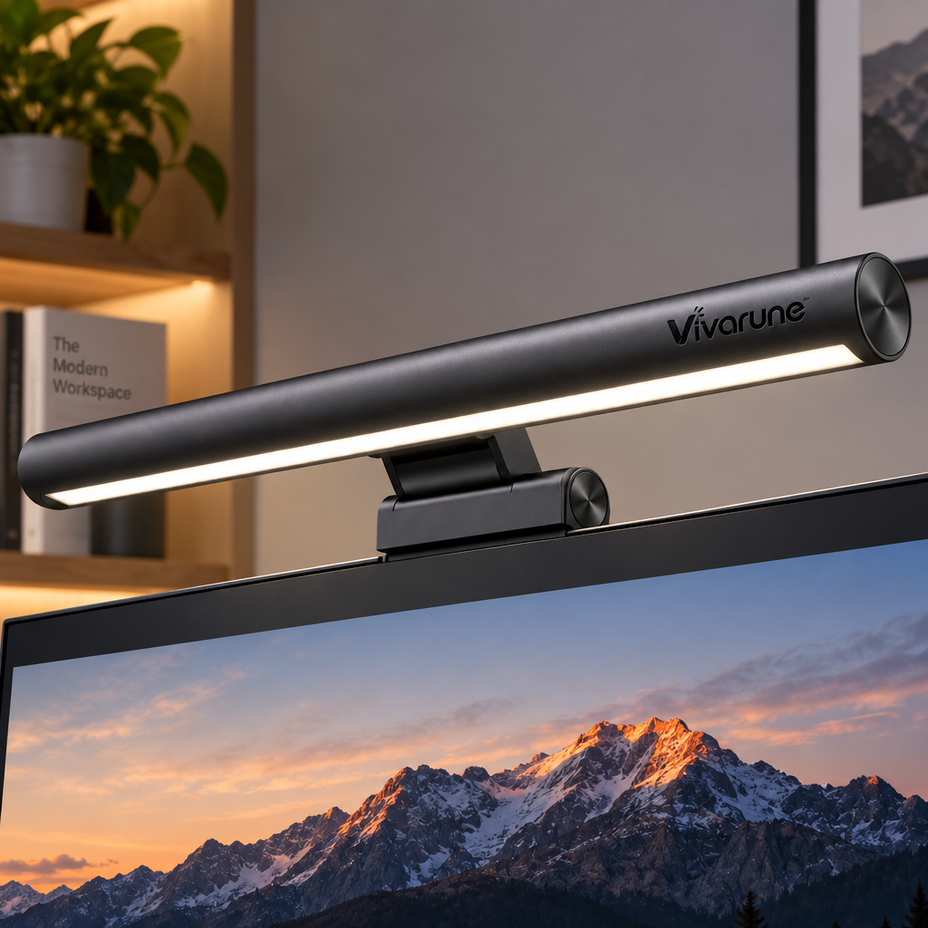 Vivarune™ FocusBeam LED Monitor Light Bar – Stepless Dimming, Adjustable Color Temperature, Low-Blue-Light Illumination & Flexible Screen-Mount Design