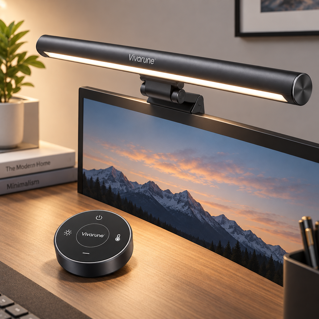 Vivarune™ CommandGlow Monitor Light Bar with Wireless Remote – Stepless Dimming, Adjustable Color Temperature, ±45° Tilt & Space-Saving Screen-Mounted Desk Light