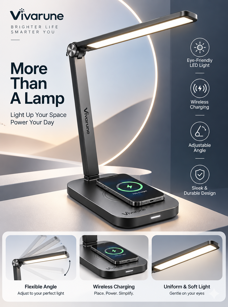 Vivarune™ FlexGlow Wireless Charging LED Desk Lamp – Adjustable Eye-Friendly Task Light for Home Office, Study & Bedside