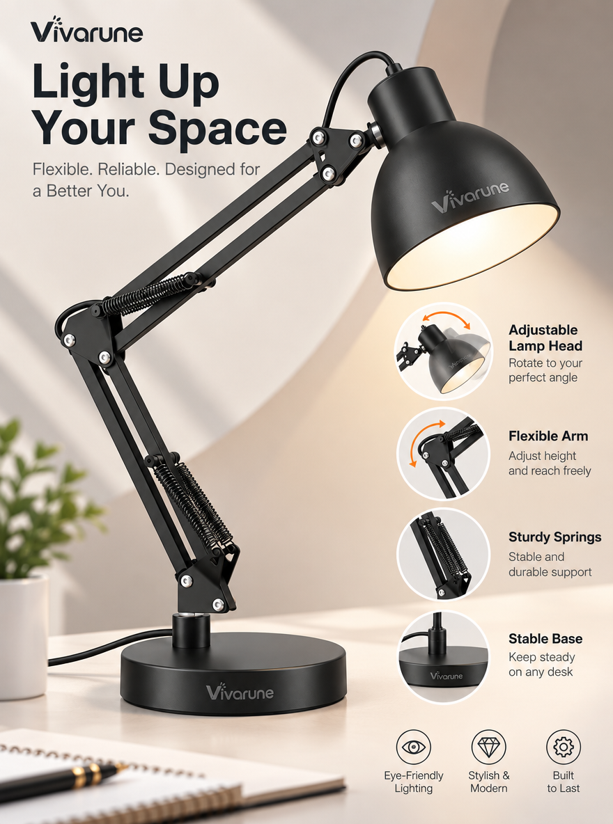 Vivarune™ StudioReach Adjustable Swing Arm Desk Lamp – Flexible Architect Task Light with Rotating Shade, Spring-Balanced Arm & Stable Desktop Base