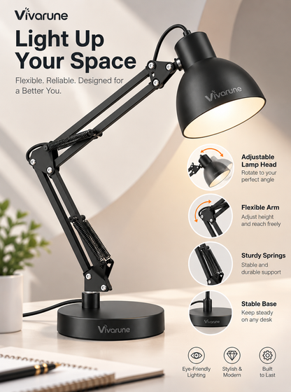 Vivarune™ StudioReach Adjustable Swing Arm Desk Lamp – Flexible Architect Task Light with Rotating Shade, Spring-Balanced Arm & Stable Desktop Base