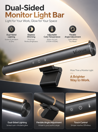 Vivarune™ HaloDesk Duo Dual-Sided Monitor Light Bar – Front Task Lighting + Rear Ambient Glow, Stepless Dimming, 2700K–6500K Color Temperature, Touch Control & Adjustable Angle