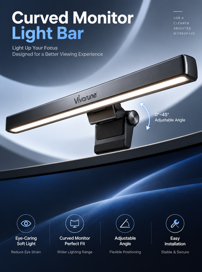Vivarune™ CurveGlow LED Monitor Light Bar – Curved-Screen Desk Light with 0°–45° Adjustable Angle, Soft Task Illumination & Space-Saving Monitor Mount
