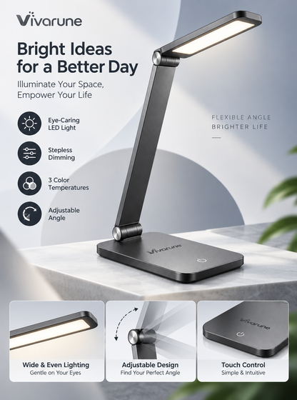 Vivarune™ HaloFlex LED Desk Lamp – Stepless Dimming, 3 Color Modes, Touch Control & Multi-Angle Adjustable Task Light