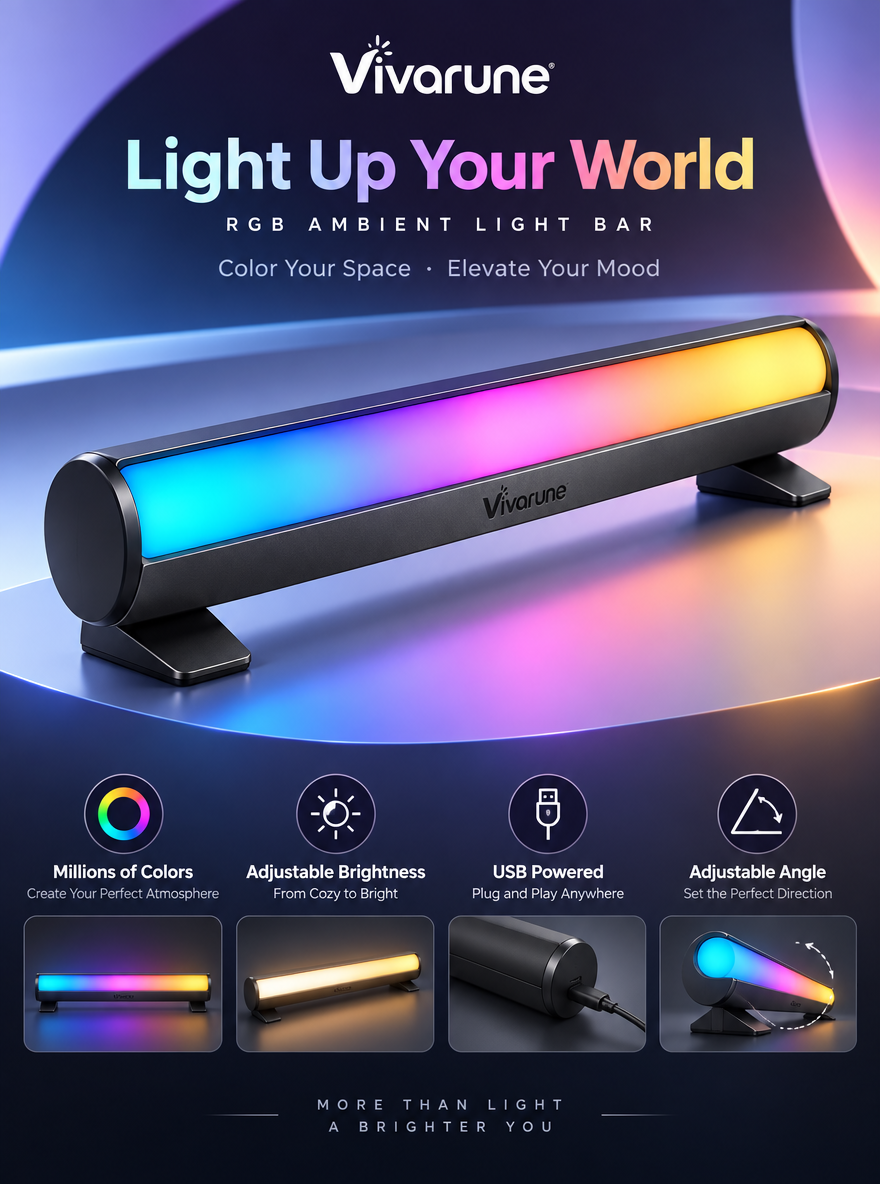 Vivarune™ AuraBeam RGB Ambient Light Bar – Adjustable USB-Powered Desktop Mood Light with Brightness Control & Rotating Angle for Gaming, Office and Bedroom