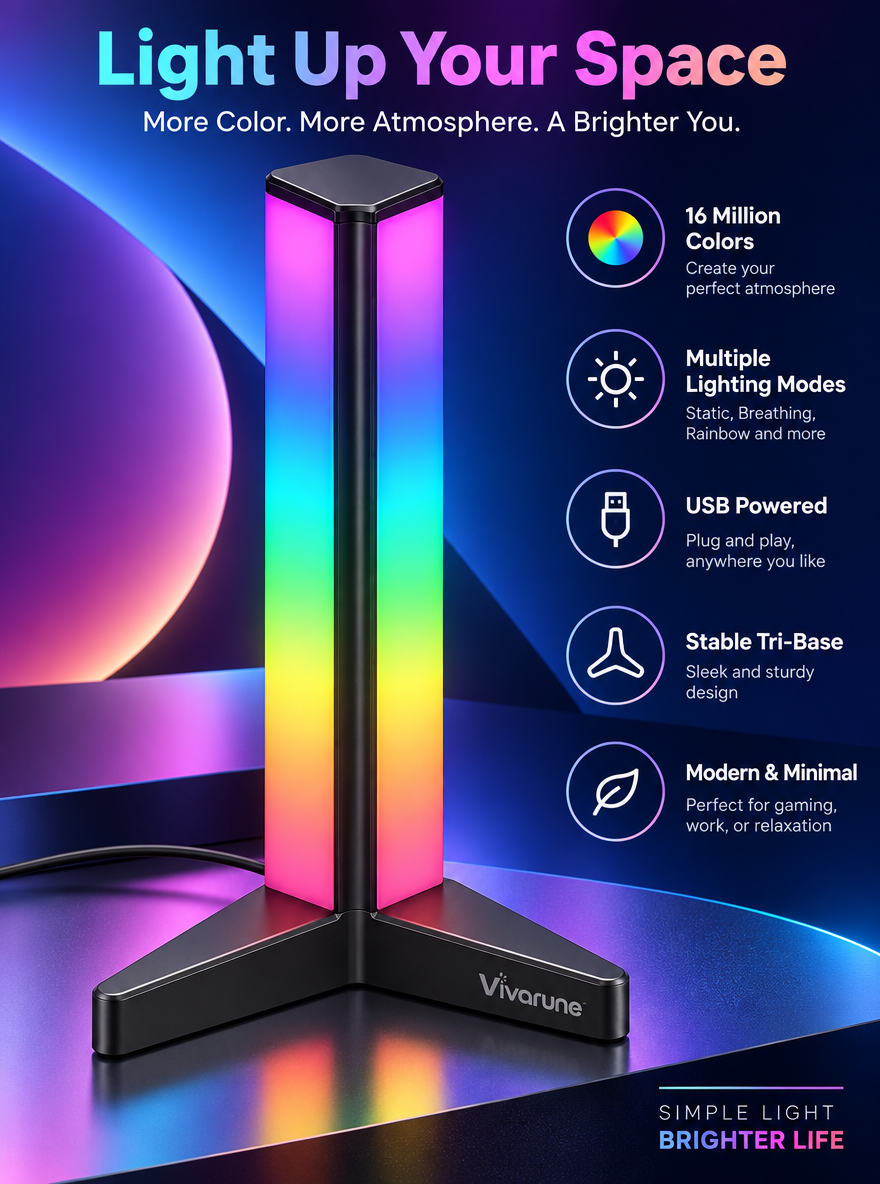 Vivarune™ PrismTower RGB Ambient Desk Light – 16 Million Colors, Multiple Lighting Modes, USB Powered Vertical Mood Lamp with Stable Tri-Base