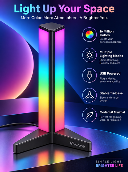 Vivarune™ PrismTower RGB Ambient Desk Light – 16 Million Colors, Multiple Lighting Modes, USB Powered Vertical Mood Lamp with Stable Tri-Base