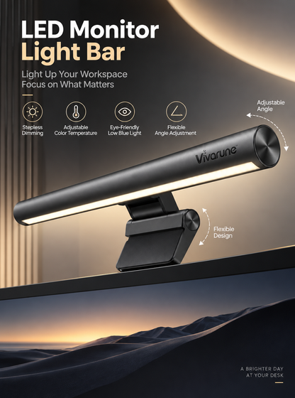 Vivarune™ FocusBeam LED Monitor Light Bar – Stepless Dimming, Adjustable Color Temperature, Low-Blue-Light Illumination & Flexible Screen-Mount Design