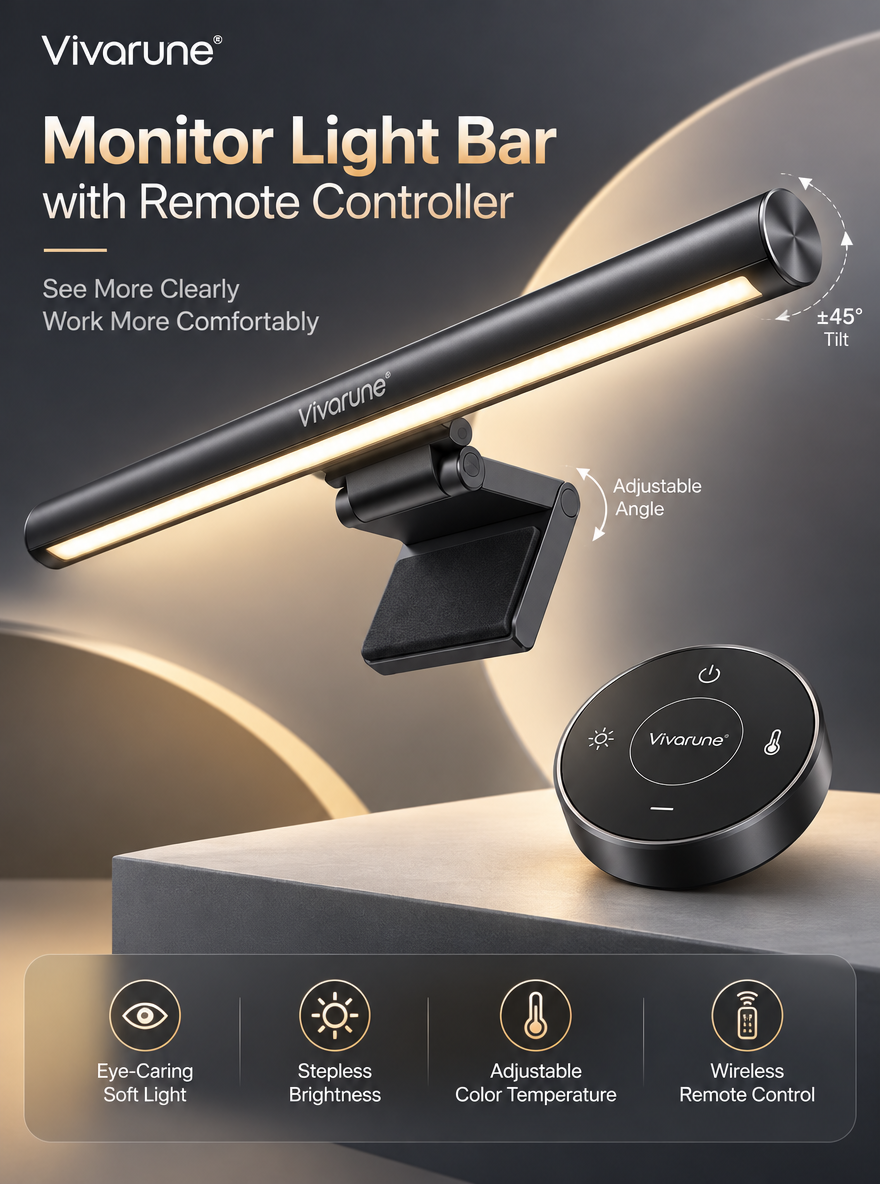 Vivarune™ CommandGlow Monitor Light Bar with Wireless Remote – Stepless Dimming, Adjustable Color Temperature, ±45° Tilt & Space-Saving Screen-Mounted Desk Light