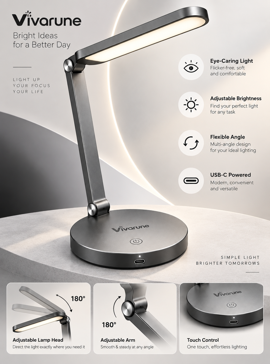 Vivarune™ ArcLite 180° Adjustable LED Desk Lamp – USB-C Powered Task Light with Touch Control, Adjustable Brightness & Flexible Folding Arm