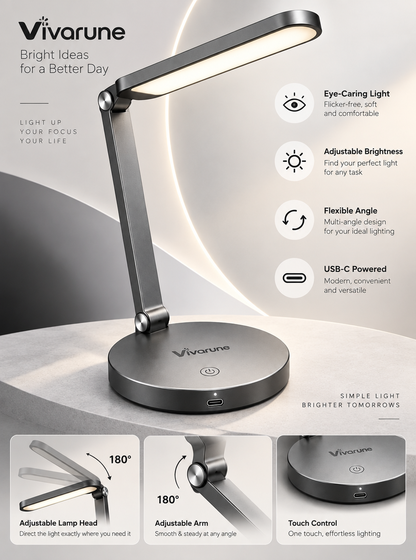Vivarune™ ArcLite 180° Adjustable LED Desk Lamp – USB-C Powered Task Light with Touch Control, Adjustable Brightness & Flexible Folding Arm