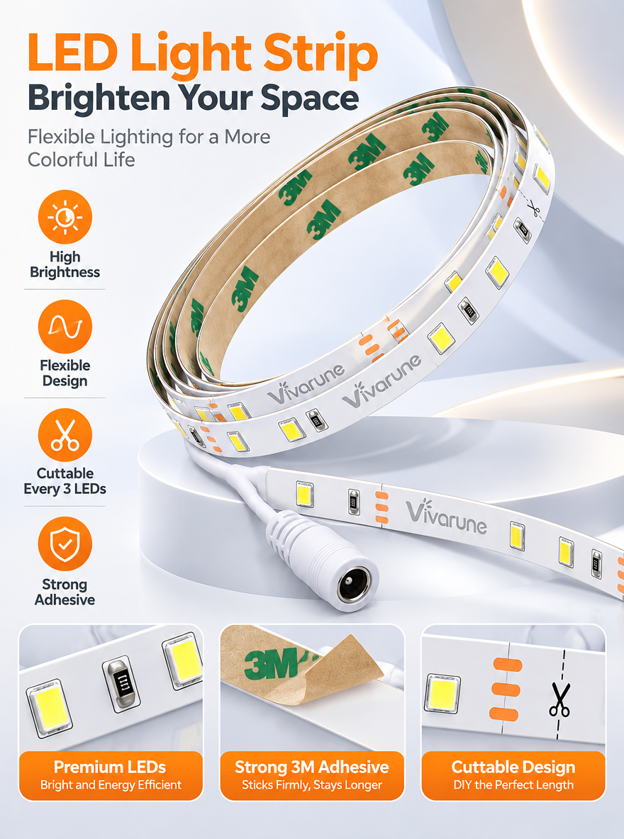 Vivarune™ FlexGlow Cuttable LED Light Strip – High-Brightness Flexible White Lighting with Strong Adhesive Backing for Desk, Shelf, Cabinet & Home Accent Lighting