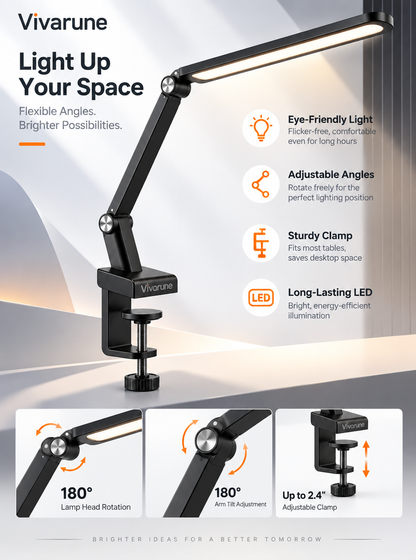 Vivarune™ ArcReach Adjustable LED Clamp Desk Lamp – 180° Rotating Head, Flexible Articulated Arm, Space-Saving Clamp & Eye-Friendly Task Lighting