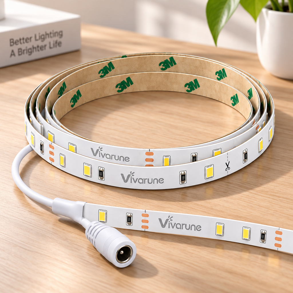 Vivarune™ FlexGlow Cuttable LED Light Strip – High-Brightness Flexible White Lighting with Strong Adhesive Backing for Desk, Shelf, Cabinet & Home Accent Lighting
