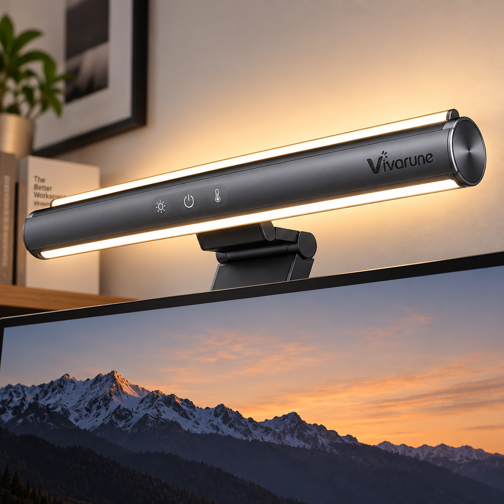 Vivarune™ HaloDesk Duo Dual-Sided Monitor Light Bar – Front Task Lighting + Rear Ambient Glow, Stepless Dimming, 2700K–6500K Color Temperature, Touch Control & Adjustable Angle