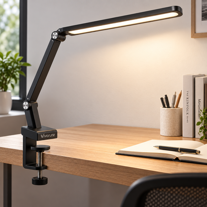Vivarune™ ArcReach Adjustable LED Clamp Desk Lamp – 180° Rotating Head, Flexible Articulated Arm, Space-Saving Clamp & Eye-Friendly Task Lighting